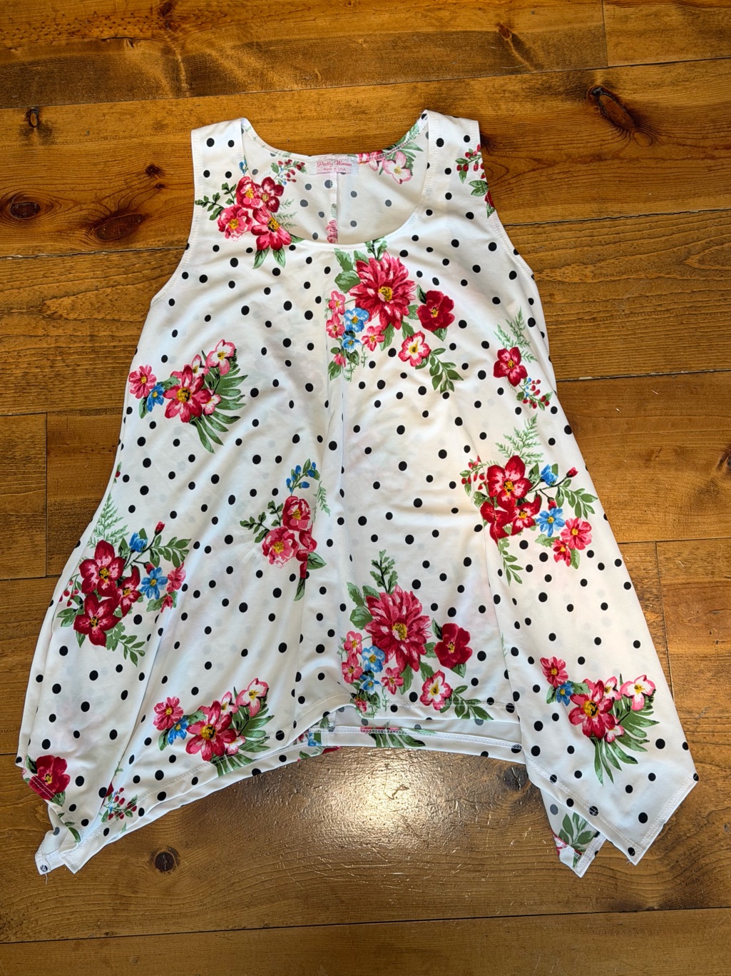 Pretty Woman White Polka Dot Tank High Low Tunic With Pink Floral Print
